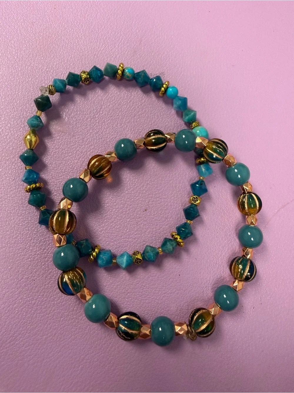 Hand Crafted Turquoise & Gold Beaded Stretch Bracelet Set